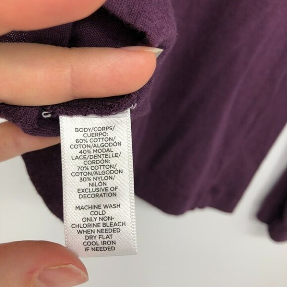 Loft purple long sleeve illusion lace neckline cutout crochet sleeve t-shirt XS - Picture 5 of 13